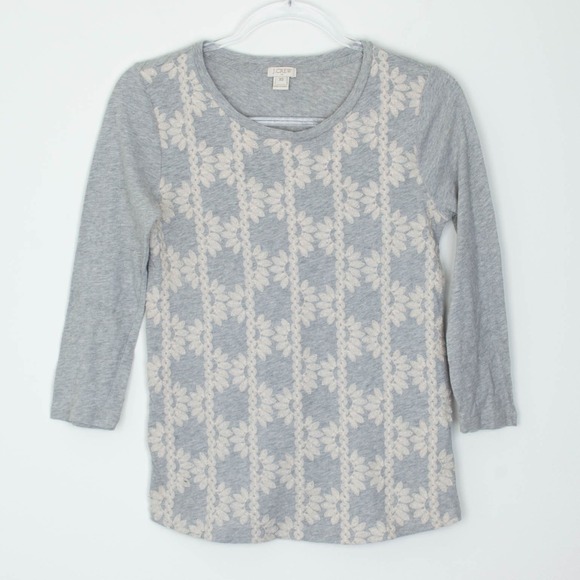 J. Crew Tops - J. Crew Womens Gray 3/4 Sleeve Embroidered Floral Knit Top Size XS Preppy Casual